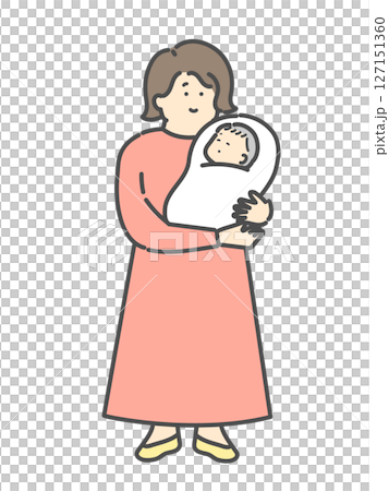 ママと抱っこされる赤ちゃんの全身イラスト 127151360