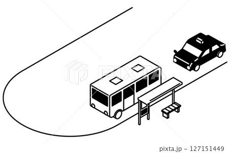 バス停のあるロータリーにバスとタクシーが停車しているシンプルな線画アイソメトリックイラスト バス停のあるロータリーにバスとタクシーが停車しているシンプルな線画アイソメトリックイラスト 127151449