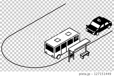 バス停のあるロータリーにバスとタクシーが停車しているシンプルな線画アイソメトリックイラスト バス停のあるロータリーにバスとタクシーが停車しているシンプルな線画アイソメトリックイラスト 127151449