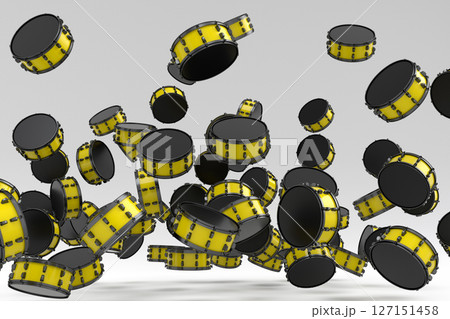 Many of flying drums on white background. 3d render concept of musical percussion instrument, drum machine and drumset 127151458