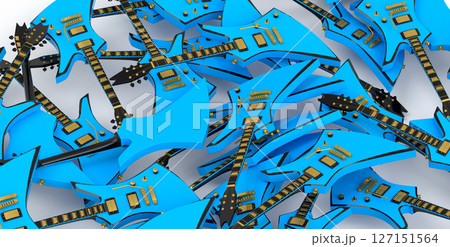 Heap of electric guitars isolated on white background. 3d render of concept for rock festival poster with spanish guitar for music shop 127151564