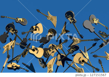 Many of flying electric guitars isolated on blue background. 3d render of concept for rock festival poster with spanish guitar for music shop 127151567