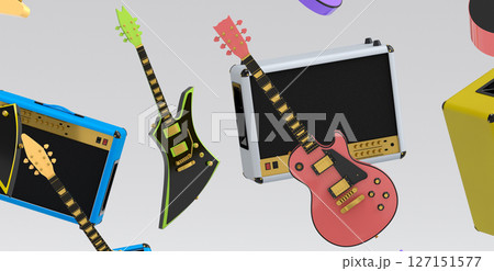 Many of flying acoustic guitars, drums with metal cymbals or drumset and amplifier isolated on white background. 3d render of musical percussion instrument, drum machine and drumset Many of flying acoustic guitars, drums with metal cymbals or drumset and amplifier isolated on white background. 3d render of musical percussion instrument, drum machine and drumset 127151577