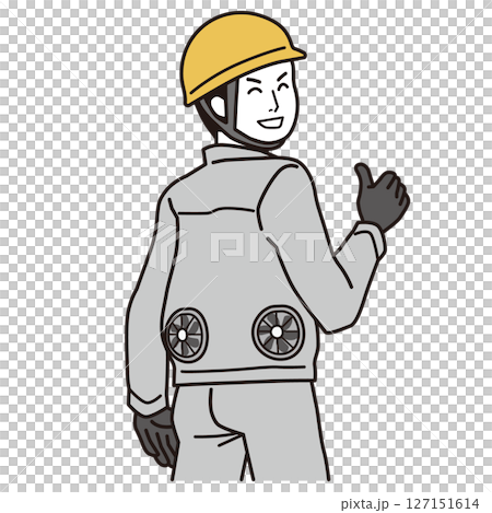 Heat stroke prevention: A smiling man wearing work clothes with a fan - Simple illustration Heat stroke prevention: A smiling man wearing work clothes with a fan - Simple illustration 127151614