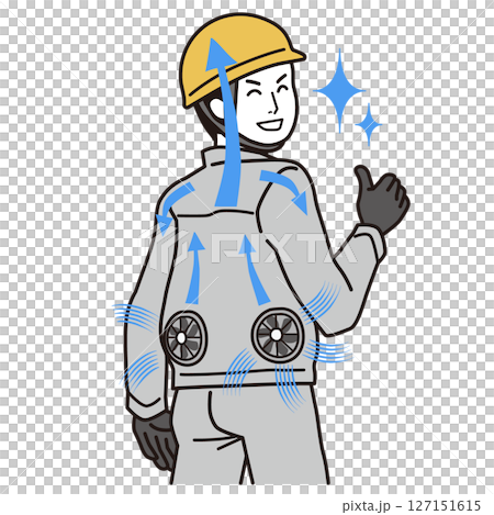 A simple illustration of a smiling man wearing work clothes with a fan that keeps the air flowing comfortably A simple illustration of a smiling man wearing work clothes with a fan that keeps the air flowing comfortably 127151615