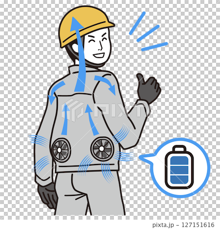 フル充電で稼働するファン付き作業服を着た、笑顔の男性 シンプルなイラスト フル充電で稼働するファン付き作業服を着た、笑顔の男性 シンプルなイラスト 127151616