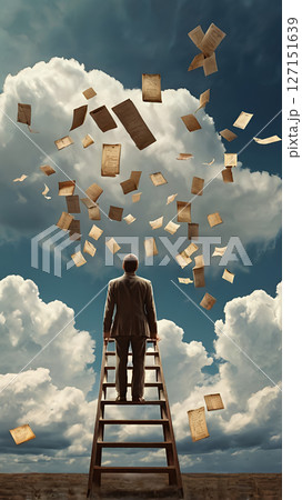 A man staring at a door in the sky, holding a suitcase full of old letters, standing on a ladder that never ends, clouds shaped like hands reaching toward him, symbolic journey, dreamy tones. 127151639