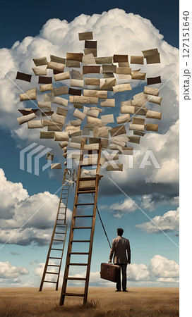 A man staring at a door in the sky, holding a suitcase full of old letters, standing on a ladder that never ends, clouds shaped like hands reaching toward him, symbolic journey, dreamy tones. 127151640