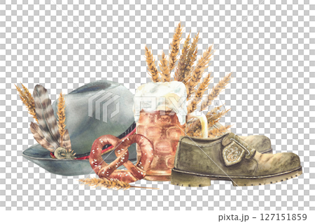 Food drink and clothing at Oktoberfest. Watercolor painted mug of beer with pretzel and Germany hat and shoe. Traditional drink and dress at Bavarian beer festival with spikes of malt. Isolated design 127151859