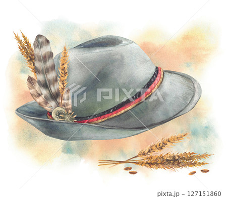 Mens Hat with feathers, spikes of malt and brooch on watercolor stains, spotted background. Traditional Headwear in Bavarian. Ribbons in color of German flag. Barley stalks golden grain ears. Isolated 127151860