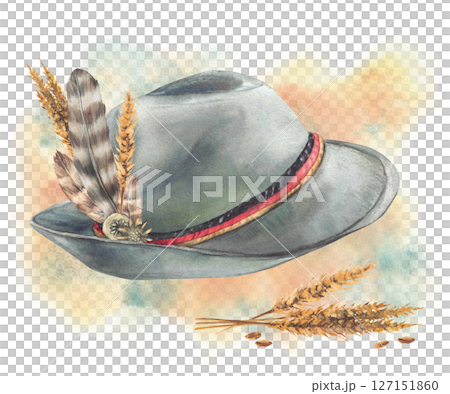 Mens Hat with feathers, spikes of malt and brooch on watercolor stains, spotted background. Traditional Headwear in Bavarian. Ribbons in color of German flag. Barley stalks golden grain ears. Isolated 127151860