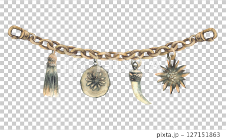 Charivari set. Bavarian Lederhosen krachlederne decor element at Oktoberfest. Traditional clothing festive pendant for mens leather pants that hang on chain Hand drawn watercolor isolated illustration 127151863