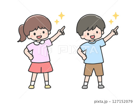 指差しポーズの女の子と男の子 127152079