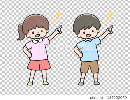 指差しポーズの女の子と男の子 127152079