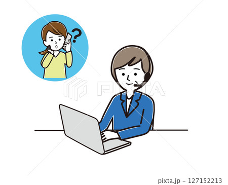 ミドル世代の女性オペレーターが、パソコンを見ながら若い女性の質問に対応する様子 127152213