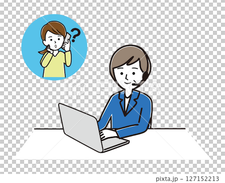 ミドル世代の女性オペレーターが、パソコンを見ながら若い女性の質問に対応する様子 127152213