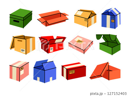 Cute gift and delivery boxes in retro cartoon. Open and closed boxes, shipping elements. Groovy and vibrant collection of boxes in trendy flat doodle illustration. Vector packages of different shapes. Cute gift and delivery boxes in retro cartoon. Open and closed boxes, shipping elements. Groovy and vibrant collection of boxes in trendy flat doodle illustration. Vector packages of different shapes. 127152403
