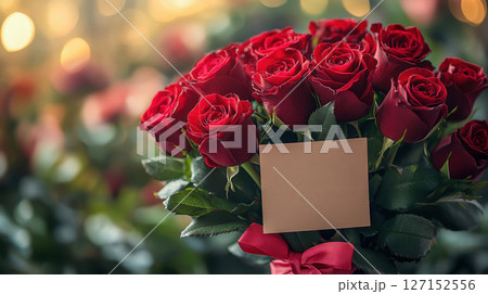 A luxurious bouquet of vibrant red roses accented with deep green foliage, tied with a crimson ribbon. A blank card is nestled within, ready for a personalized message, against a softly lit A luxurious bouquet of vibrant red roses accented with deep green foliage, tied with a crimson ribbon. A blank card is nestled within, ready for a personalized message, against a softly lit 127152556