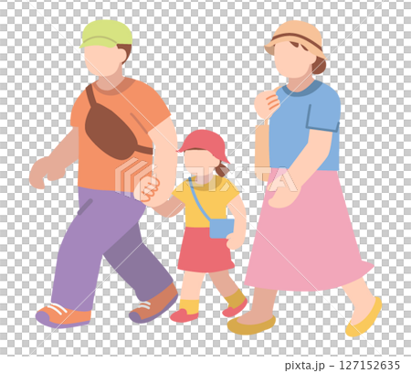 外出する夏の三人家族 127152635