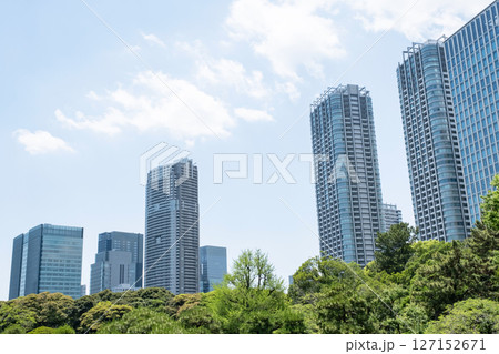 緑とタワーマンションの並ぶ都市風景 127152671
