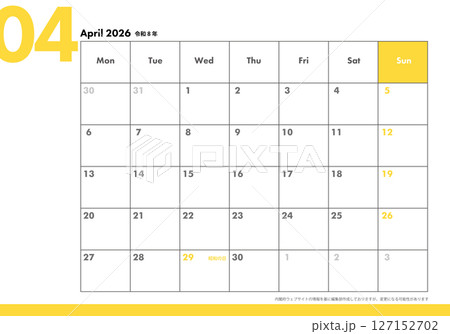 月曜始まり卓上カレンダー令和8年 2026年4月　ビジネス向け　シンプルカレンダー素材　 127152702