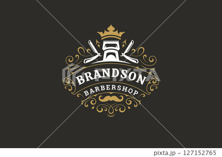 Elegant vintage barbershop logo with crown, scissors, razor, and mustache, grooming service emblem Elegant vintage barbershop logo with crown, scissors, razor, and mustache, grooming service emblem 127152765
