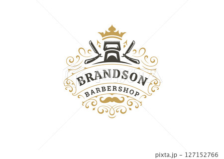 Elegant vintage barbershop logo with crown, scissors, and trimmer, perfect for grooming services 127152766