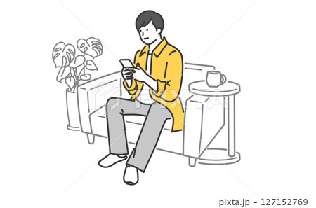 ソファでくつろぎながら携帯を操作する若い男性のイラスト素材 ソファでくつろぎながら携帯を操作する若い男性のイラスト素材 127152769