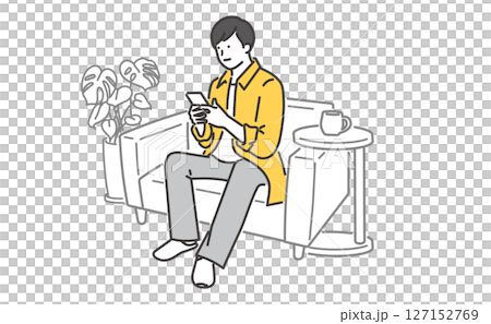 ソファでくつろぎながら携帯を操作する若い男性のイラスト素材 ソファでくつろぎながら携帯を操作する若い男性のイラスト素材 127152769