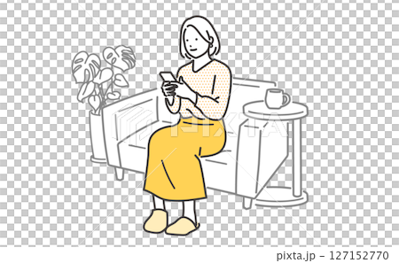 ソファでくつろぎながら携帯を操作する若い女性のイラスト素材 127152770
