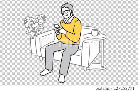 一位老人在沙發上休息、操作手機的插畫素材 一位老人在沙發上休息、操作手機的插畫素材 127152771