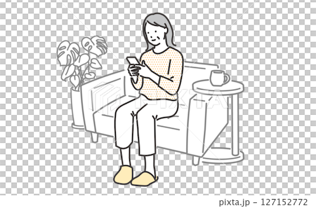 一位老年婦女在沙發上休息並操作手機的插圖素材 127152772