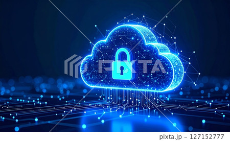 A glowing padlock symbol with a key embodies internet security and data protection for cloud technology access 127152777