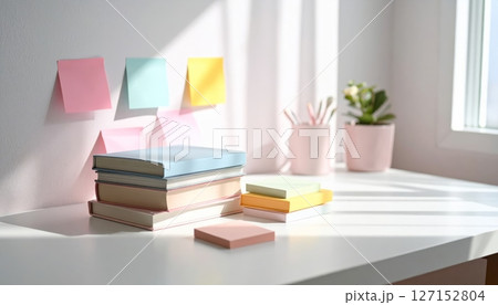 A modern living room interior features a stack of books, a laptop, and other objects for education and learning 127152804