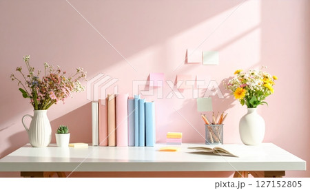 A modern living room interior features a stack of books, a laptop, and other objects for education and learning A modern living room interior features a stack of books, a laptop, and other objects for education and learning 127152805