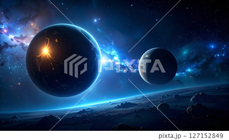 Blue Earth sphere in space with sun, stars, and clouds at sunrise 127152849