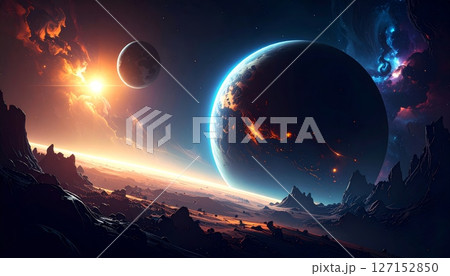 Blue Earth sphere in space with sun, stars, and clouds at sunrise 127152850
