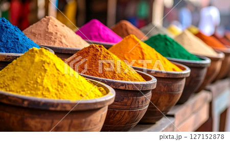 Colorful dry Indian spices in a market bowl featuring turmeric, chili powder, and curry seasoning for flavorful cooking 127152878