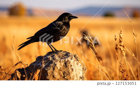 Black raven or crow on a branch, a wild bird in nature with dark feathers and a strong beak 127153051