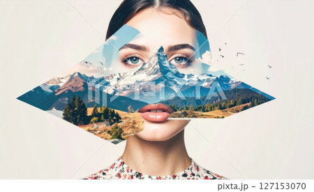 Portrait of a beautiful young woman's face with a fan and veil, featuring artistic makeup and an expressive look 127153070