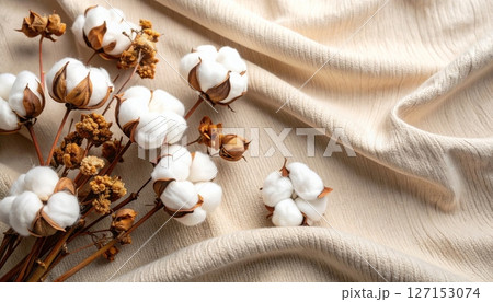 Organic cotton buds on a wooden background with fresh garlic cloves, perfect for natural health and beauty 127153074