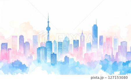 Watercolor city view on white background 127153080