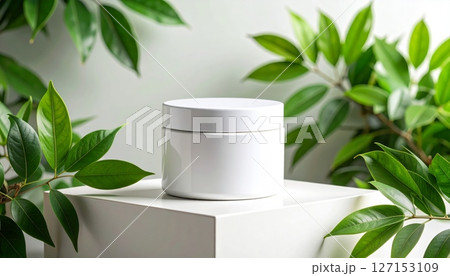 The design presents a cosmetic cream product decorated with green leaves on a white background. 127153109