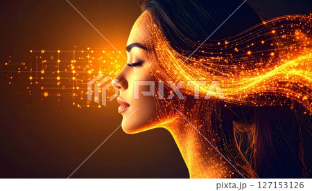 Fashionable dark-haired woman model with artistic makeup, lips, and eyes in studio profile 127153126