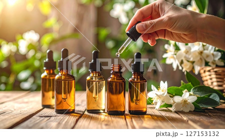Many packaging bottles on wooden table background 127153132