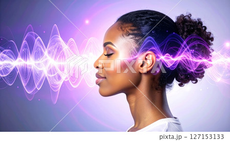 Young woman with headphones dancing in a glamourous purple-lit nightclub, her expression radiant with the magic of music 127153133