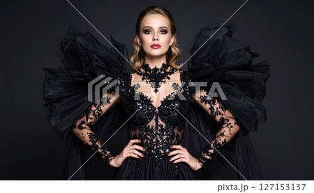 Elegant gothic fashion model in a black vintage dress with dark hair, exuding glamorous beauty and sensuality, perfect for a witch or vampire-inspired look Elegant gothic fashion model in a black vintage dress with dark hair, exuding glamorous beauty and sensuality, perfect for a witch or vampire-inspired look 127153137