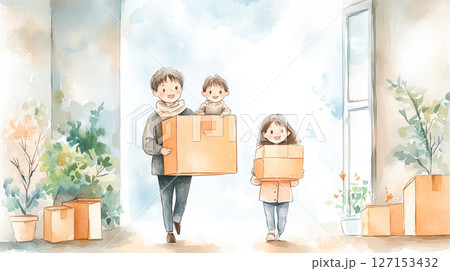 段ボールを持つ家族 127153432