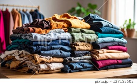 Colorful clothing textiles, including jeans and t-shirts, are neatly folded in a casual stack, isolated on white Colorful clothing textiles, including jeans and t-shirts, are neatly folded in a casual stack, isolated on white 127153505
