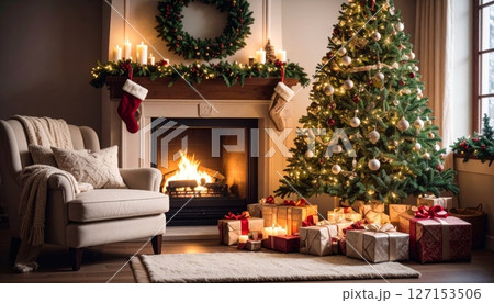 Warm Christmas living room interior with a decorated fireplace and burning wood Warm Christmas living room interior with a decorated fireplace and burning wood 127153506